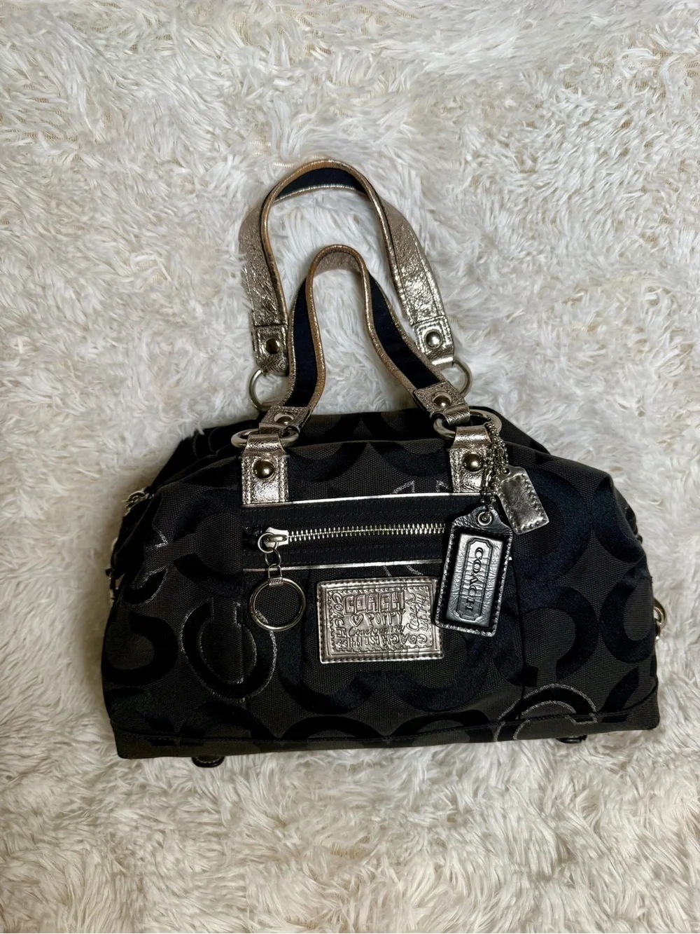 Coach Poppy Y2K Black Metallic Silver Glam Signature Canvas Tote Shoulder Bag